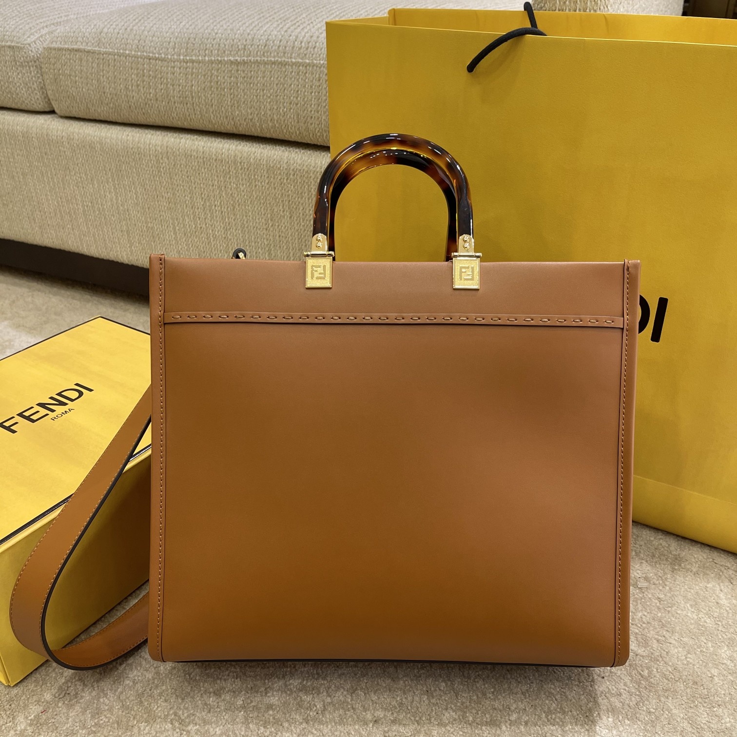 Fendi Medium Sunshine Shopper Brown Leather Bag 